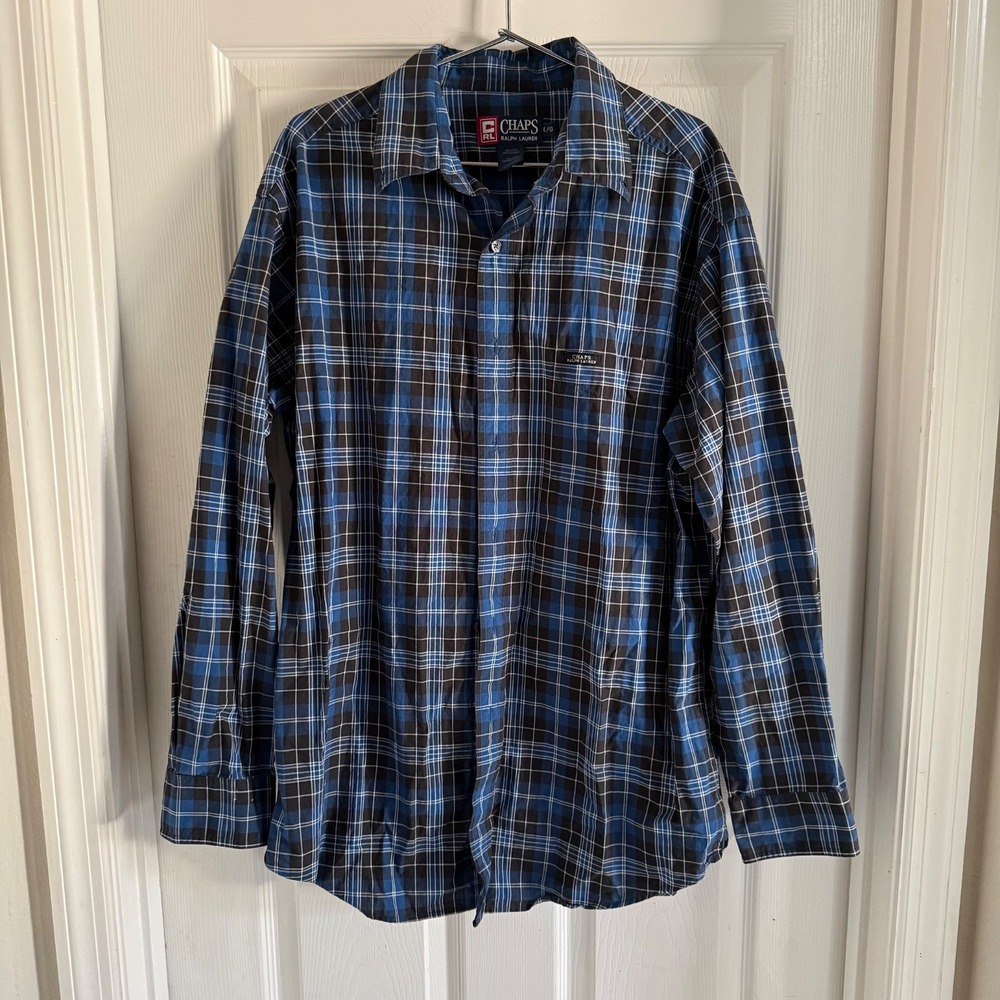 Chaps Ralph Lauren Plaid Blue Dress Shirt Large excellent condition